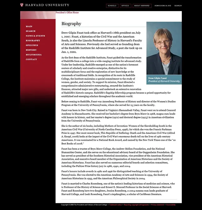 Harvard president website — bio page, desktop view